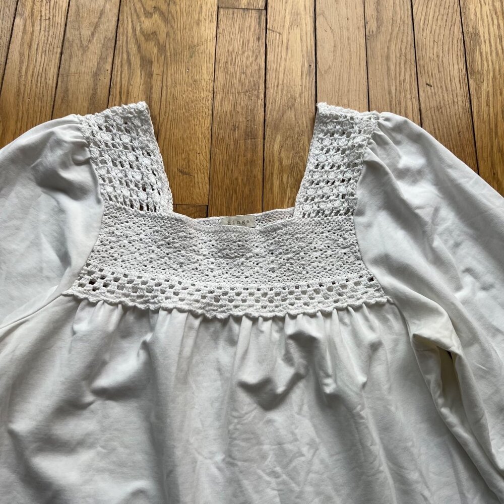 Smocked Crochet Peasant Blouse Hinge Size M White Long Sleeve Square Neck Top - Picture 6 of 16